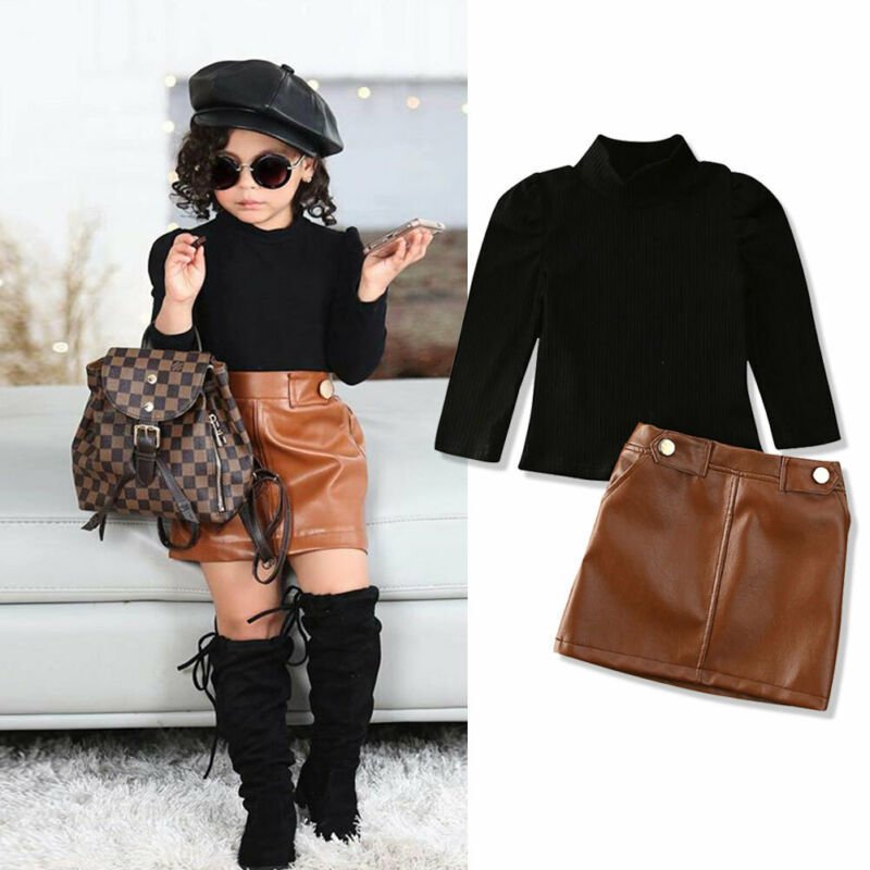 Two-piece girl's long-sleeved blouse with button pocket leather skirt - Image 2