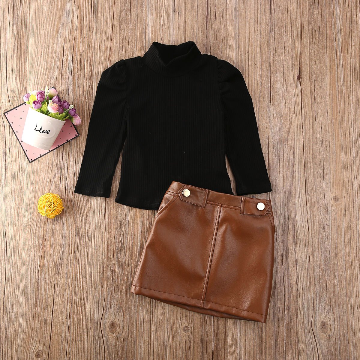 Two-piece girl's long-sleeved blouse with button pocket leather skirt - Image 4