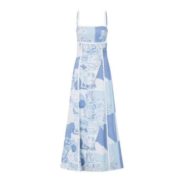 Flower Print Lace Sling Dress Sexy Backless Bow Suspender Long Dresses Womens Clothing - Image 7