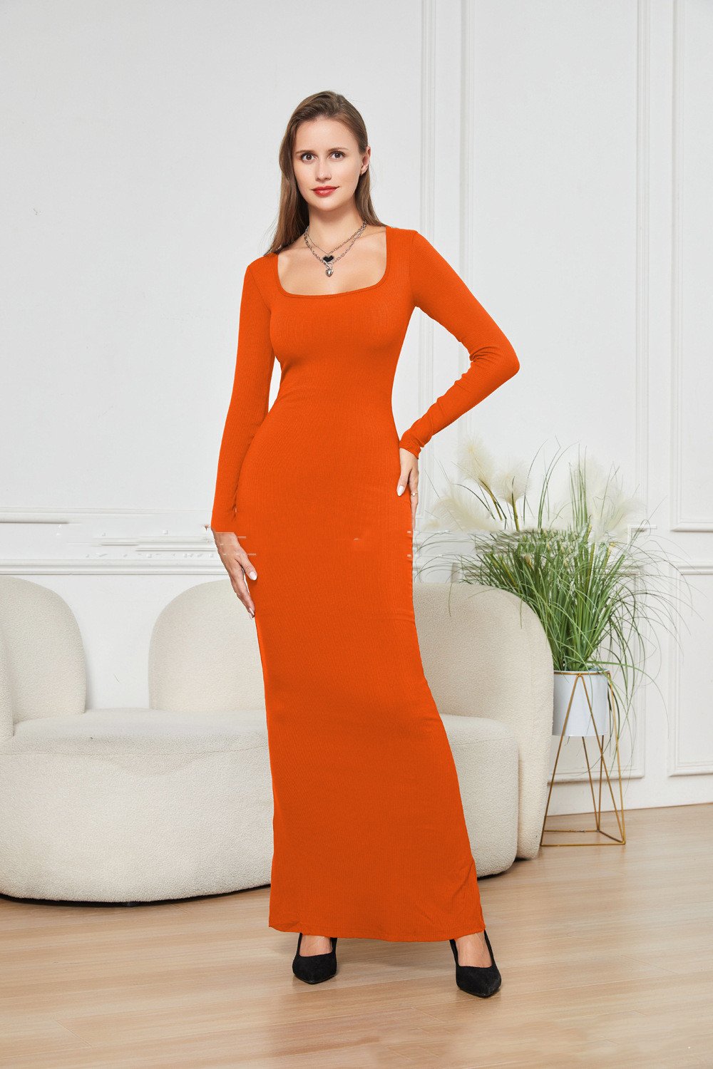 Two-in-one With Lining Double-layer Belly Contracting Hip Lifting Long Sleeve Narrow Dress - Image 4