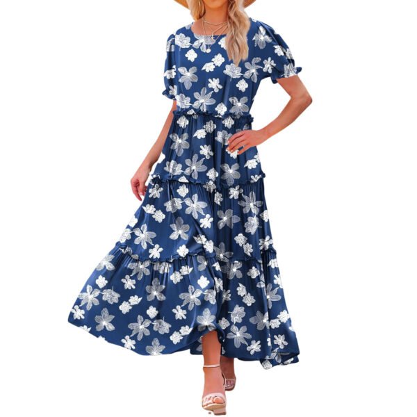 Puff Sleeve Fashion Floral Slimming Long Pleated Print Dress - Image 7