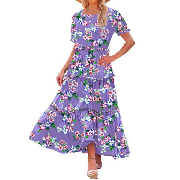 Puff Sleeve Fashion Floral Slimming Long Pleated Print Dress - Image 10