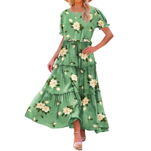 Puff Sleeve Fashion Floral Slimming Long Pleated Print Dress - Image 8
