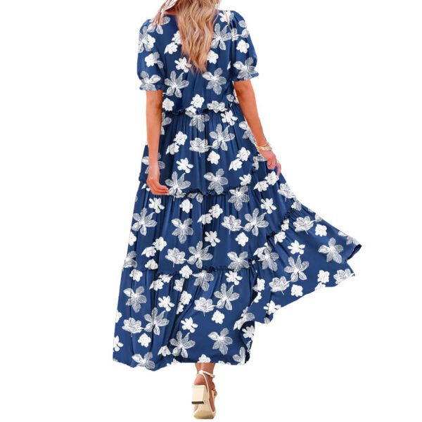 Puff Sleeve Fashion Floral Slimming Long Pleated Print Dress - Image 4