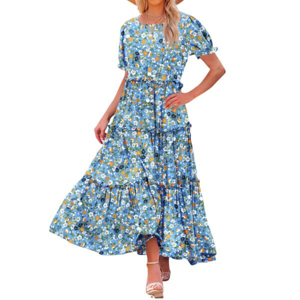 Puff Sleeve Fashion Floral Slimming Long Pleated Print Dress - Image 6