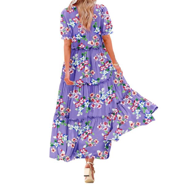 Puff Sleeve Fashion Floral Slimming Long Pleated Print Dress - Image 3