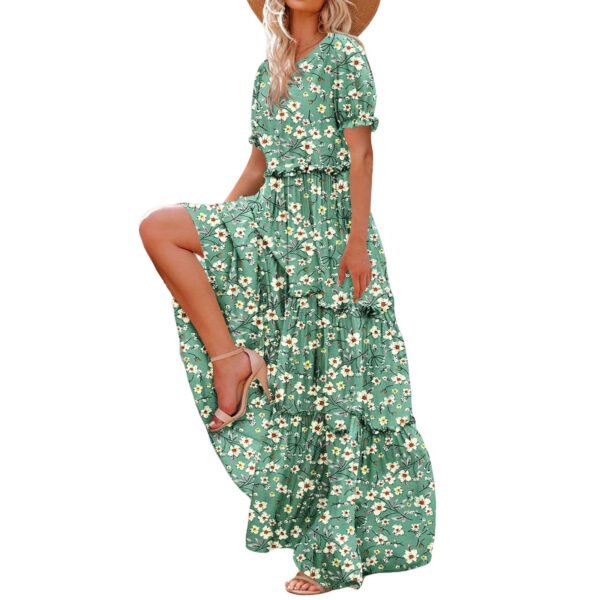 Puff Sleeve Fashion Floral Slimming Long Pleated Print Dress - Image 9