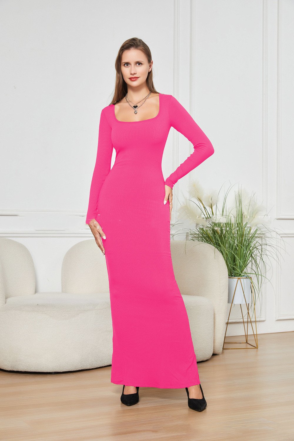 Two-in-one With Lining Double-layer Belly Contracting Hip Lifting Long Sleeve Narrow Dress - Image 6