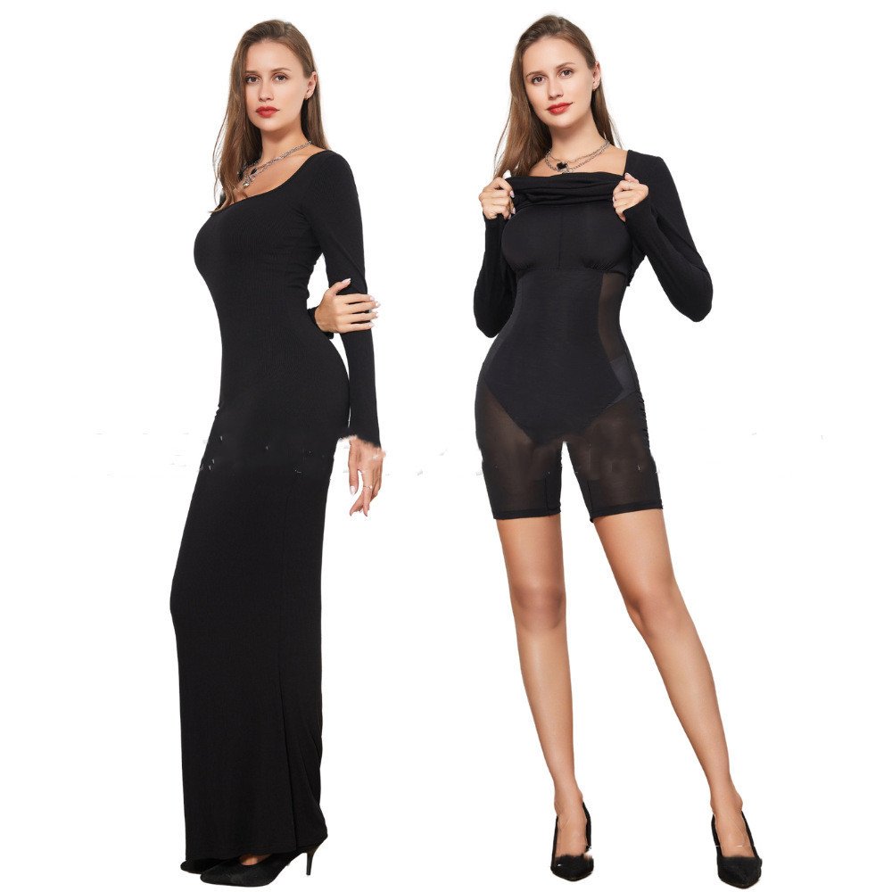 Two-in-one With Lining Double-layer Belly Contracting Hip Lifting Long Sleeve Narrow Dress - Image 2