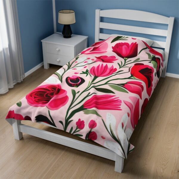 Pink Floral Flowers and Tulips Velveteen Plush Blanket - Image 3