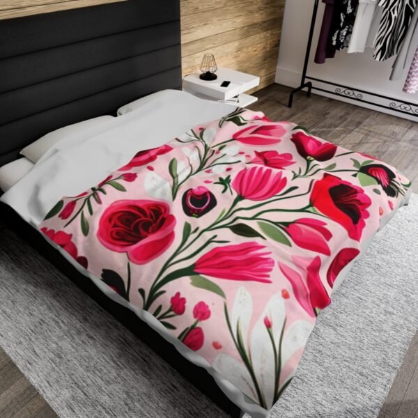 Pink Floral Flowers and Tulips Velveteen Plush Blanket - Image 4