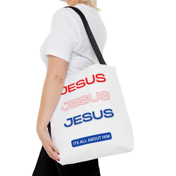 Jesus Jesus Jesus It's All About Him Gym, Work, Grocery, Library, Diaper, Gift Tote Bag (AOP) - Image 9