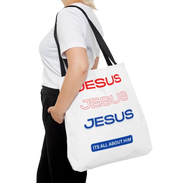 Jesus Jesus Jesus It's All About Him Gym, Work, Grocery, Library, Diaper, Gift Tote Bag (AOP) - Image 5