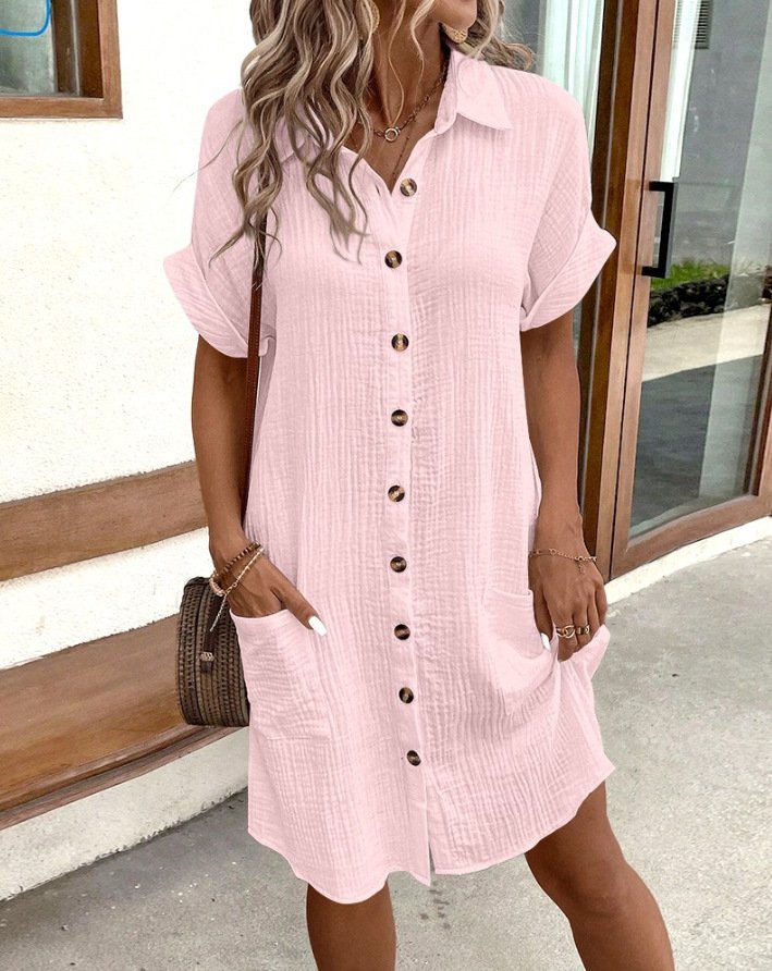 Summer Short Sleeve Shirt Dress Fashion Solid Color Single-breasted Mid-length Loose Dress - Image 10