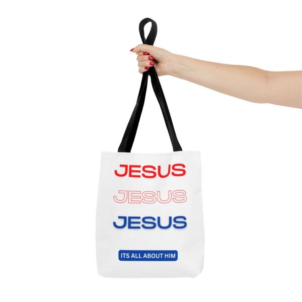 Jesus Jesus Jesus It's All About Him Gym, Work, Grocery, Library, Diaper, Gift Tote Bag (AOP) - Image 2