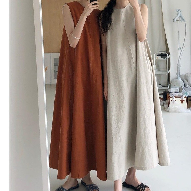 Chic Style Loose Sleeveless Pumpkin Color Long Cotton And Linen Dress - Image 4