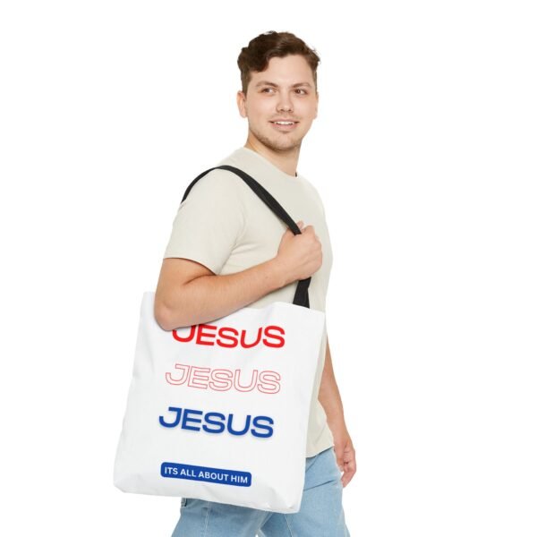 Jesus Jesus Jesus It's All About Him Gym, Work, Grocery, Library, Diaper, Gift Tote Bag (AOP) - Image 4