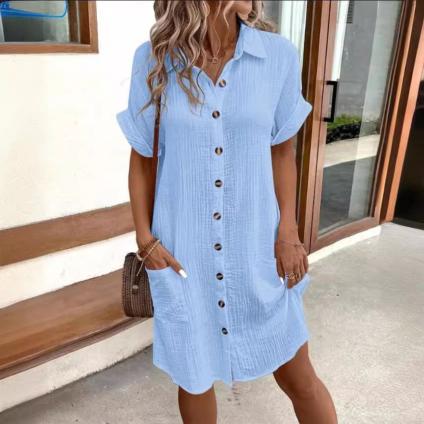 Summer Short Sleeve Shirt Dress Fashion Solid Color Single-breasted Mid-length Loose Dress - Image 3