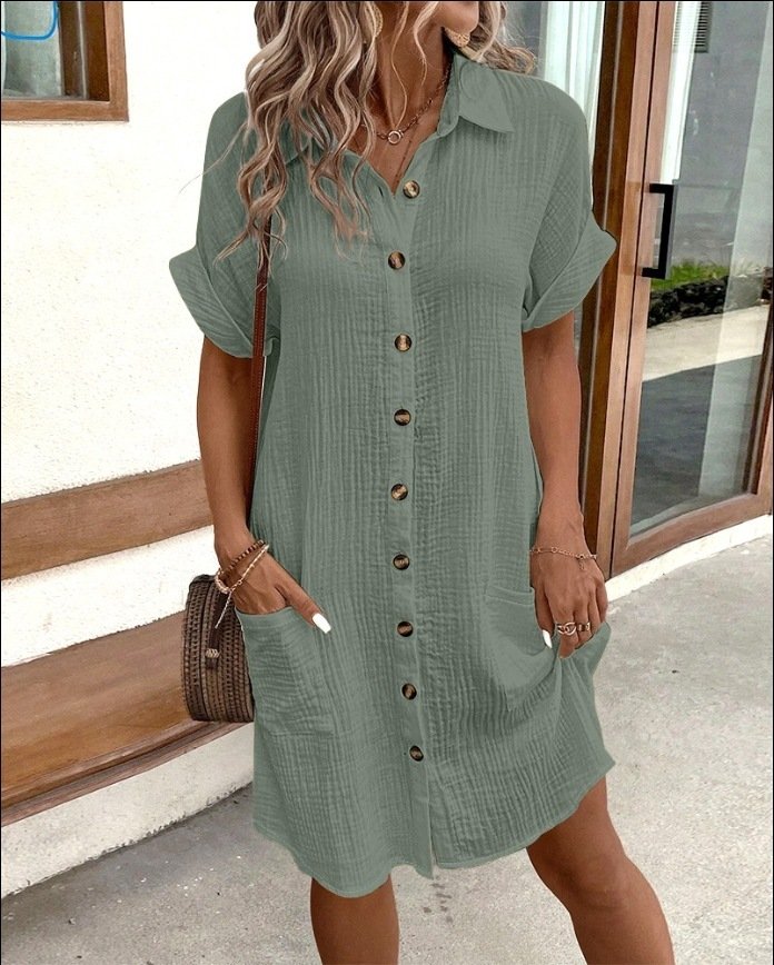 Summer Short Sleeve Shirt Dress Fashion Solid Color Single-breasted Mid-length Loose Dress - Image 9