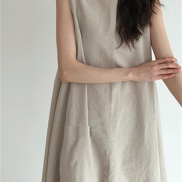 Chic Style Loose Sleeveless Pumpkin Color Long Cotton And Linen Dress - Image 5