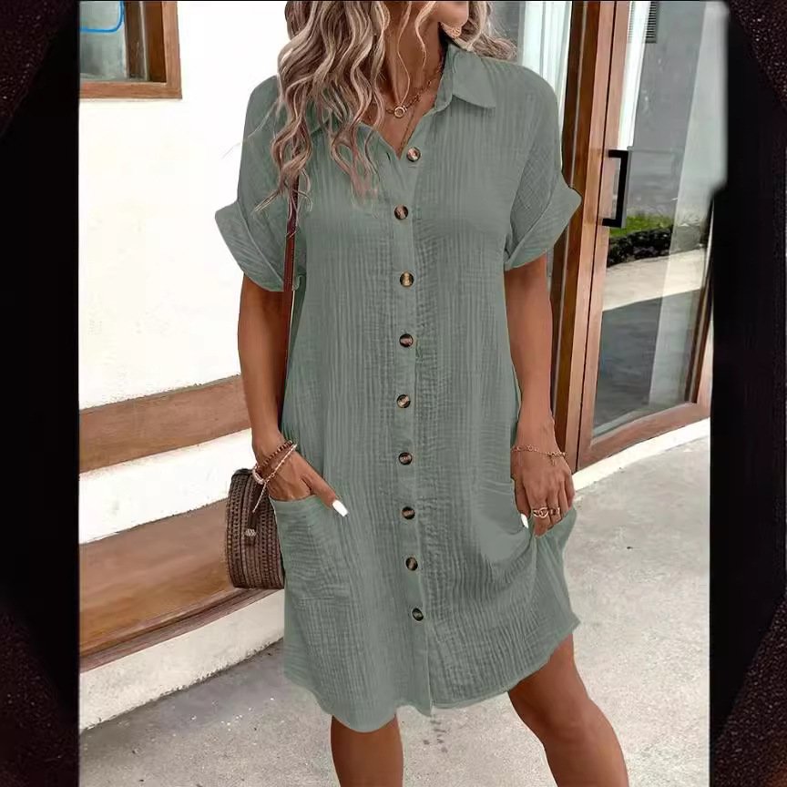 Summer Short Sleeve Shirt Dress Fashion Solid Color Single-breasted Mid-length Loose Dress - Image 4