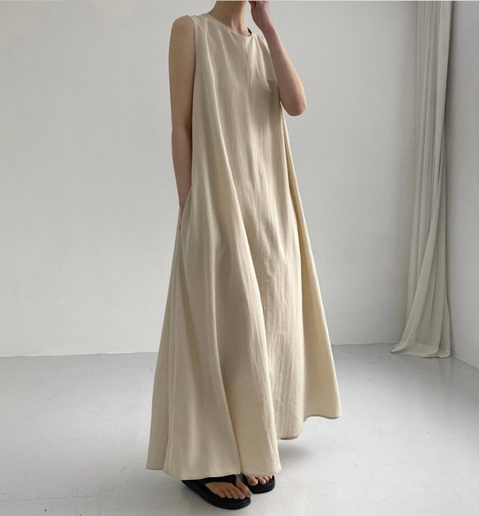 Chic Style Loose Sleeveless Pumpkin Color Long Cotton And Linen Dress - Image 3