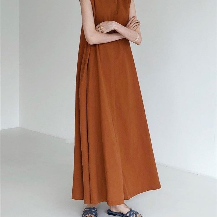 Chic Style Loose Sleeveless Pumpkin Color Long Cotton And Linen Dress - Image 6