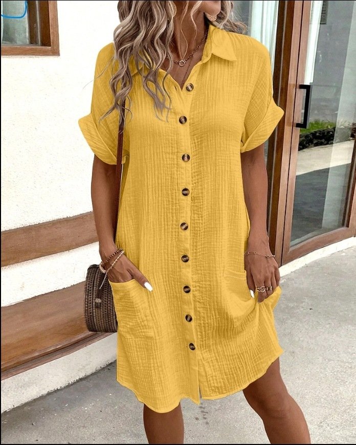Summer Short Sleeve Shirt Dress Fashion Solid Color Single-breasted Mid-length Loose Dress - Image 6