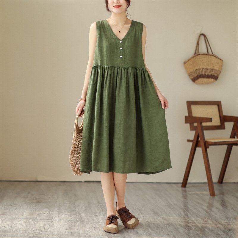 Summer New Japanese Loose Solid Color Cotton Linen V-neck Sleeveless Dress For Women - Image 7