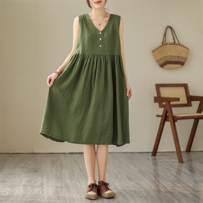 Summer New Japanese Loose Solid Color Cotton Linen V-neck Sleeveless Dress For Women - Image 9