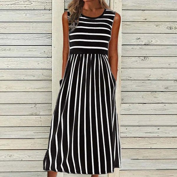 Striped Printed Round Neck Sleeveless Pocket Dress Women - Image 2