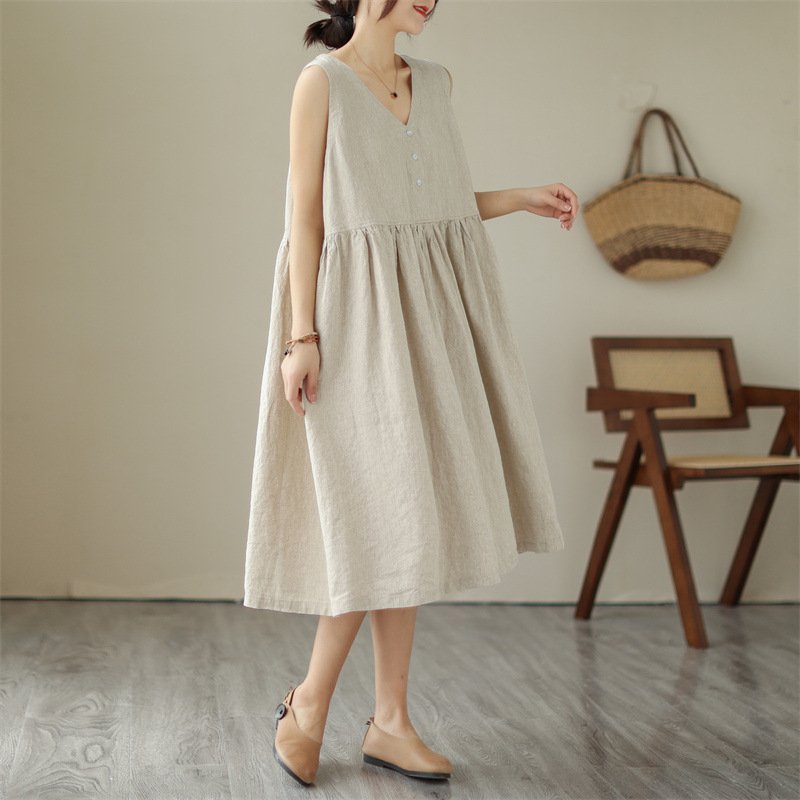 Summer New Japanese Loose Solid Color Cotton Linen V-neck Sleeveless Dress For Women - Image 6