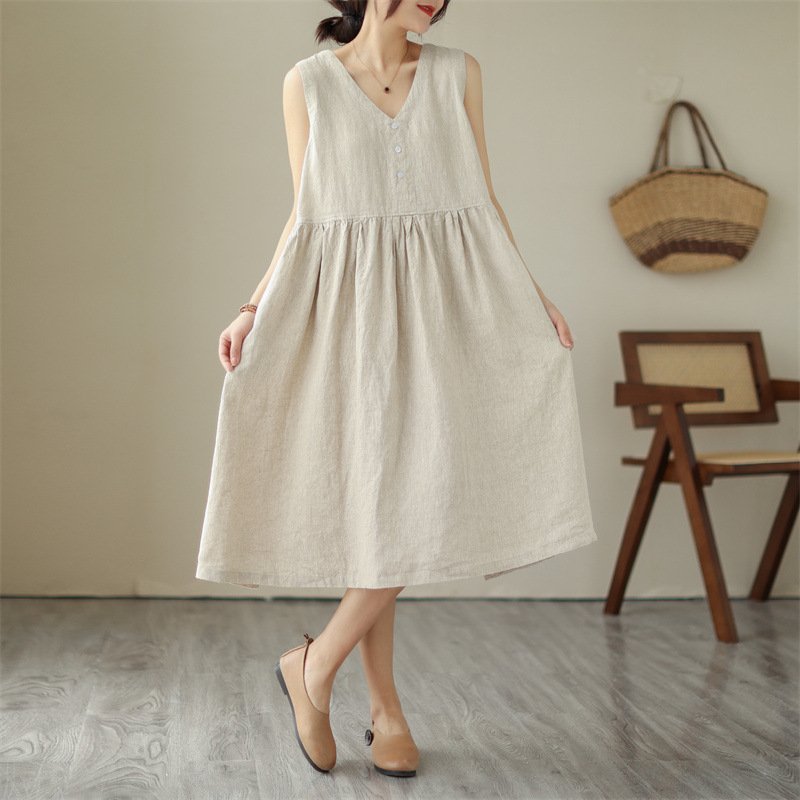 Summer New Japanese Loose Solid Color Cotton Linen V-neck Sleeveless Dress For Women - Image 4
