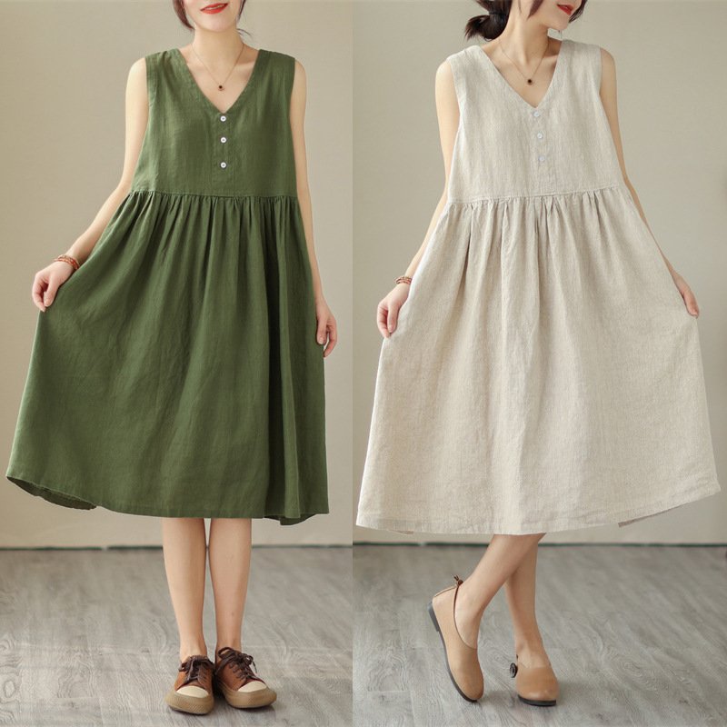 Summer New Japanese Loose Solid Color Cotton Linen V-neck Sleeveless Dress For Women - Image 8