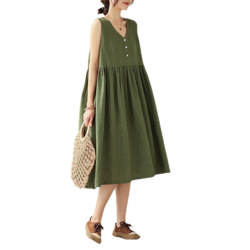 Summer New Japanese Loose Solid Color Cotton Linen V-neck Sleeveless Dress For Women - Image 5