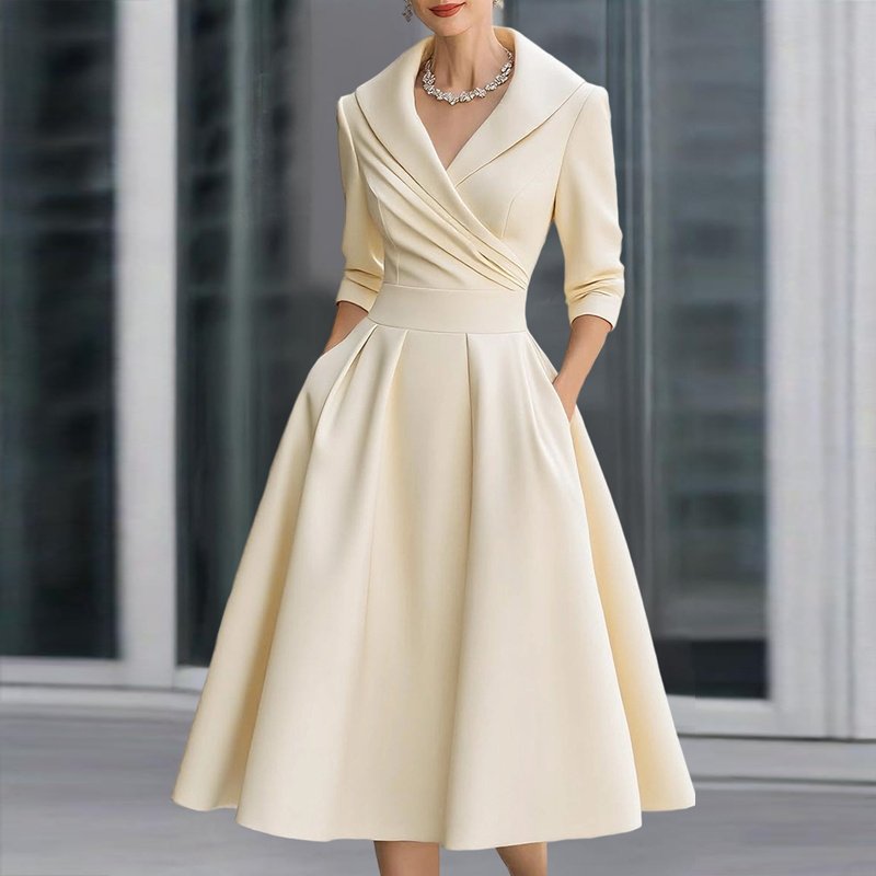 Women's Elegant Solid Cross V-Neck Midi Dress With Flared Skirt And Pockets Spring Summer Formal Dress - Image 2