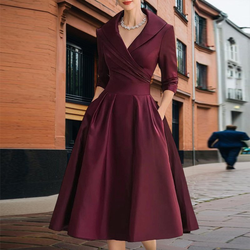 Women's Elegant Solid Cross V-Neck Midi Dress With Flared Skirt And Pockets Spring Summer Formal Dress - Image 7