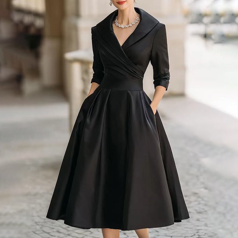 Women's Elegant Solid Cross V-Neck Midi Dress With Flared Skirt And Pockets Spring Summer Formal Dress - Image 10