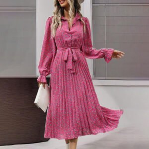 Women's Long Sleeve V Neck Button Down Midi Shirt Dress