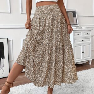 Women's Boho Floral High Elastic Waist, Pleated A-Line Long Modest Skirt