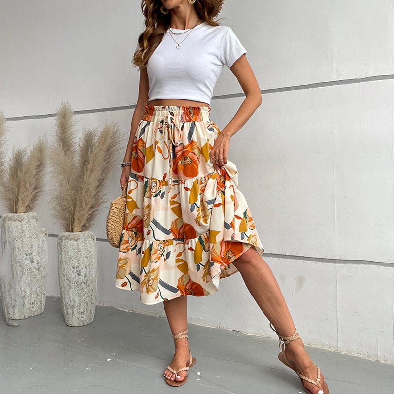 Women's Floral Skirt Elastic Waist Casual A-line Flowy Boho Modest Skirt