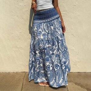 Women's Boho Flora- Elastic Waist A-Line Long Skirt For Casual or Beach Modest Skirt