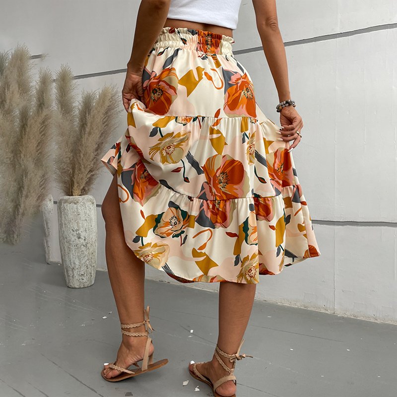 Women's Floral Skirt Elastic Waist Casual A-line Flowy Boho Modest Skirt - Image 5