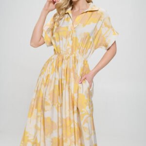 Flower Print Collared V neck Dress with Pockets